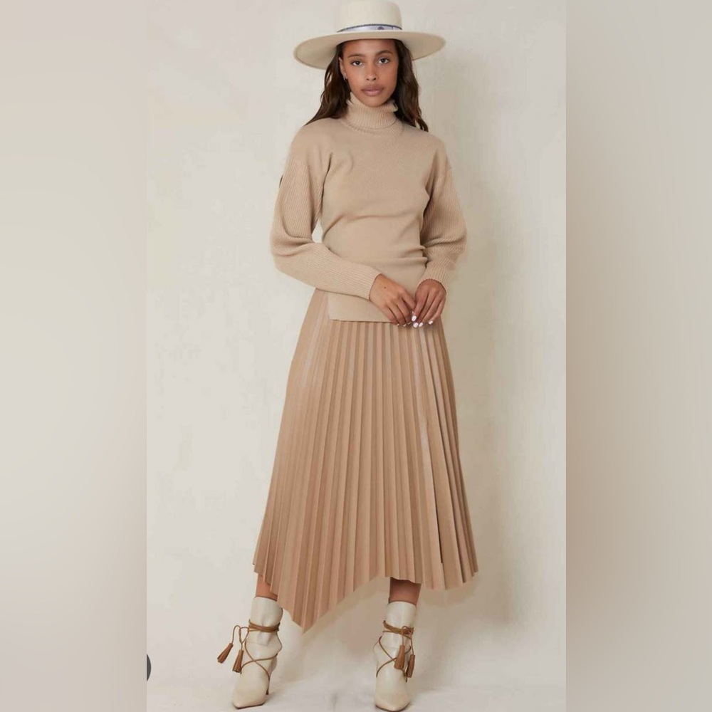 Jonathan Simkhai Vegan Pleated Leather Skirt camel sz4